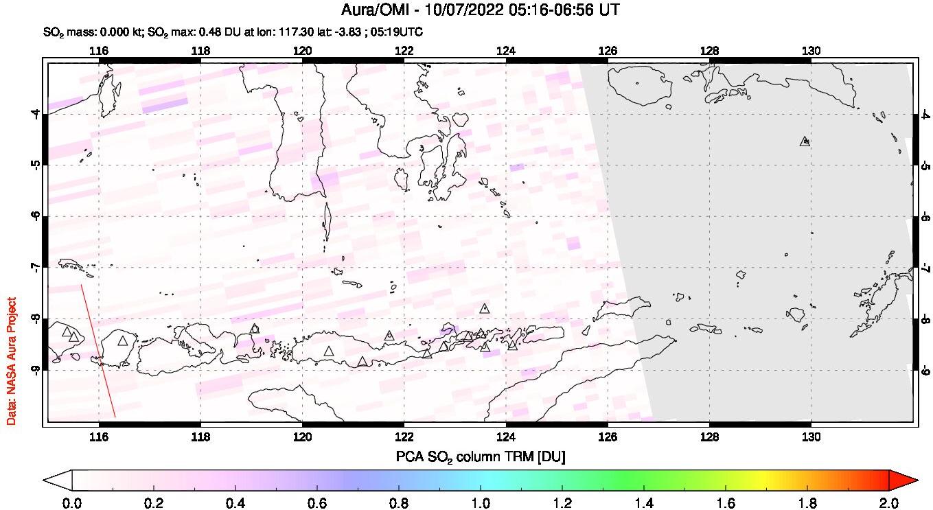 A sulfur dioxide image over Lesser Sunda Islands, Indonesia on Oct 07, 2022.