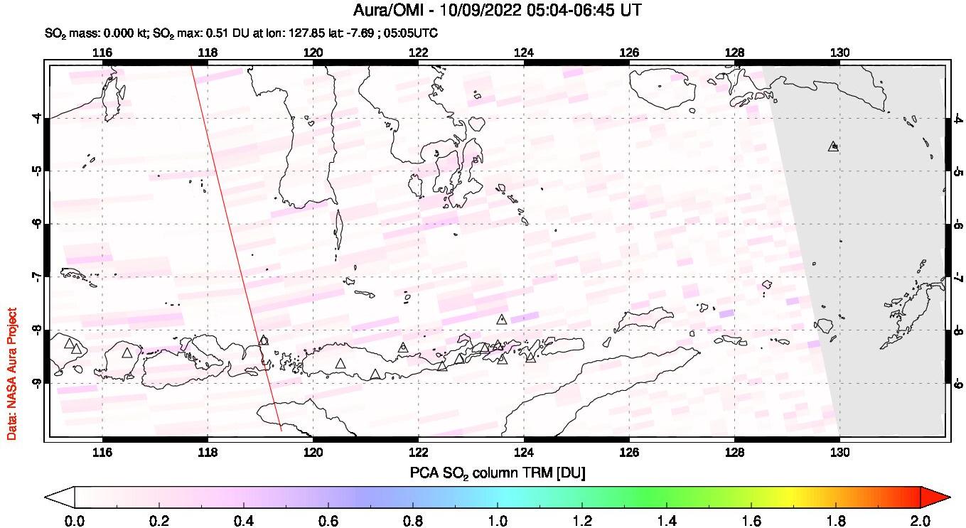 A sulfur dioxide image over Lesser Sunda Islands, Indonesia on Oct 09, 2022.