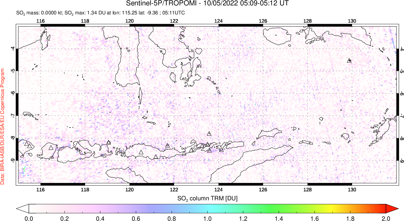 A sulfur dioxide image over Lesser Sunda Islands, Indonesia on Oct 05, 2022.