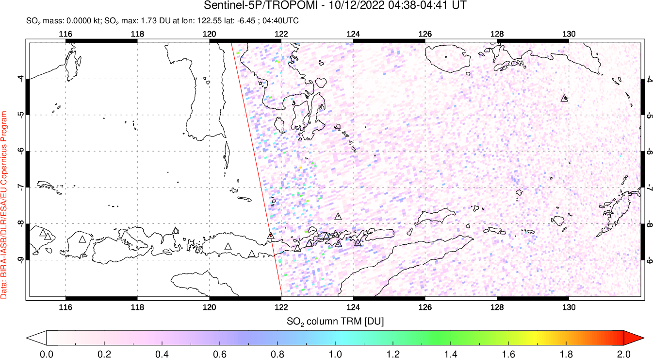 A sulfur dioxide image over Lesser Sunda Islands, Indonesia on Oct 12, 2022.