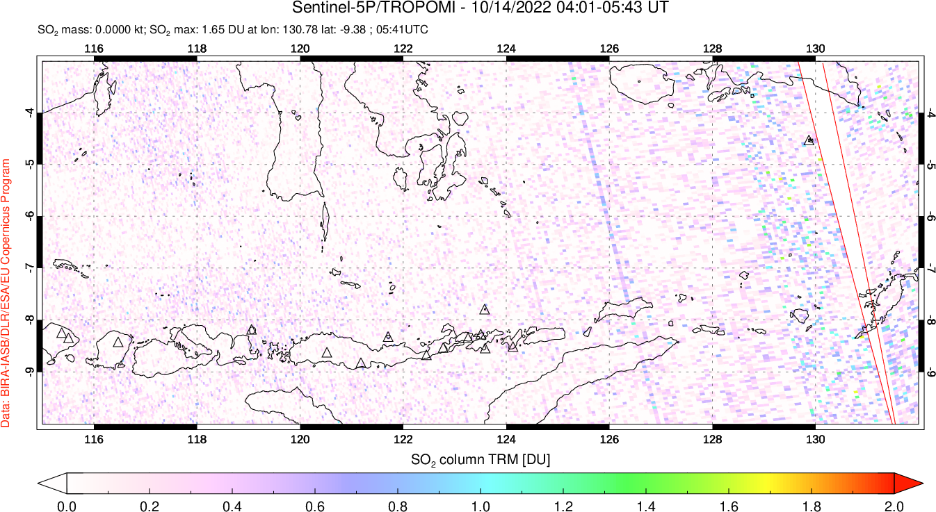 A sulfur dioxide image over Lesser Sunda Islands, Indonesia on Oct 14, 2022.