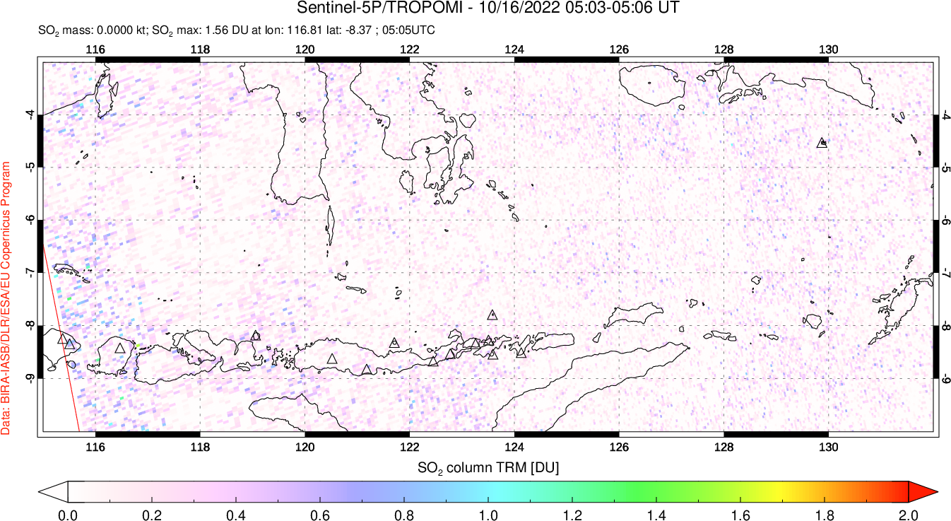 A sulfur dioxide image over Lesser Sunda Islands, Indonesia on Oct 16, 2022.