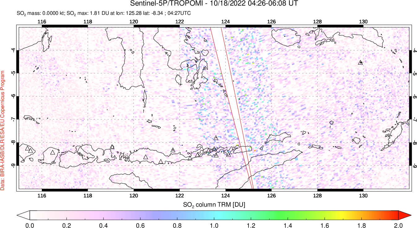 A sulfur dioxide image over Lesser Sunda Islands, Indonesia on Oct 18, 2022.