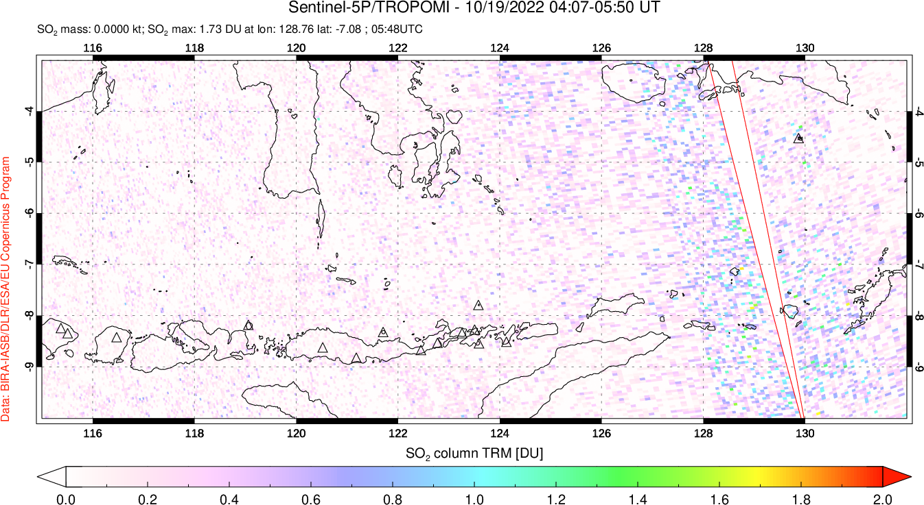 A sulfur dioxide image over Lesser Sunda Islands, Indonesia on Oct 19, 2022.