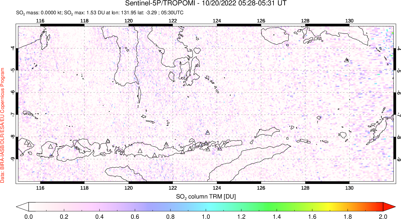 A sulfur dioxide image over Lesser Sunda Islands, Indonesia on Oct 20, 2022.