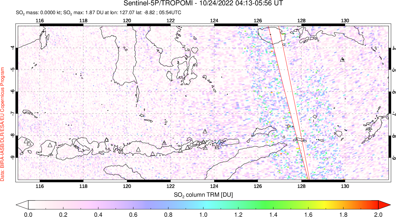 A sulfur dioxide image over Lesser Sunda Islands, Indonesia on Oct 24, 2022.