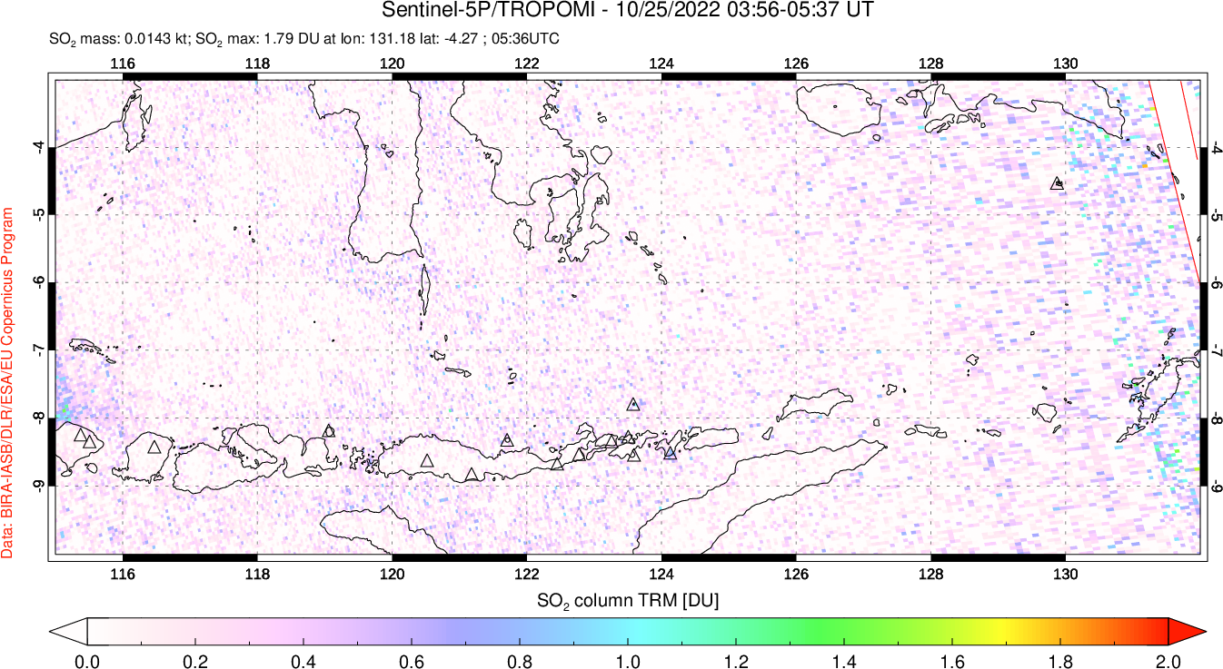 A sulfur dioxide image over Lesser Sunda Islands, Indonesia on Oct 25, 2022.