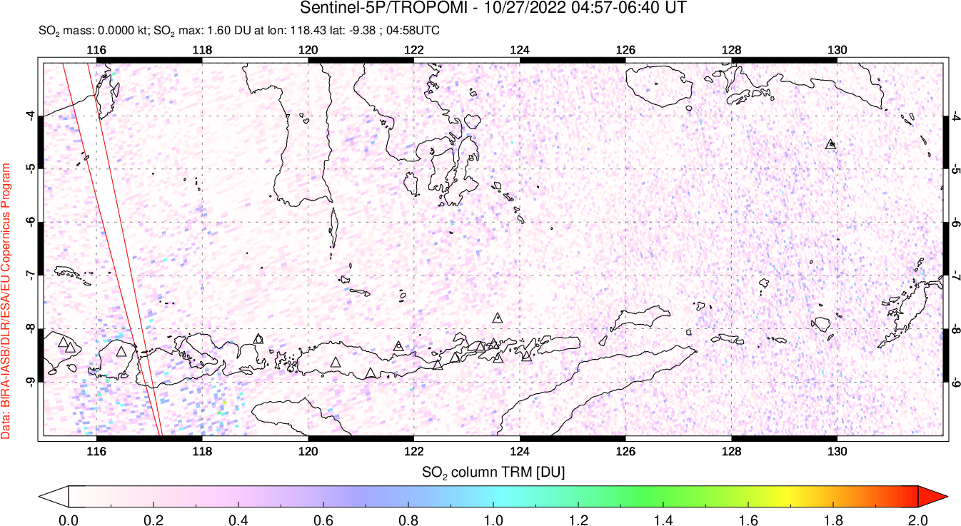 A sulfur dioxide image over Lesser Sunda Islands, Indonesia on Oct 27, 2022.