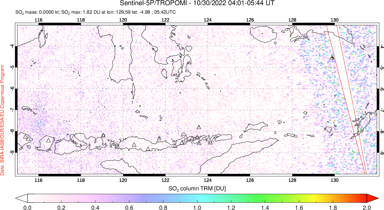 A sulfur dioxide image over Lesser Sunda Islands, Indonesia on Oct 30, 2022.