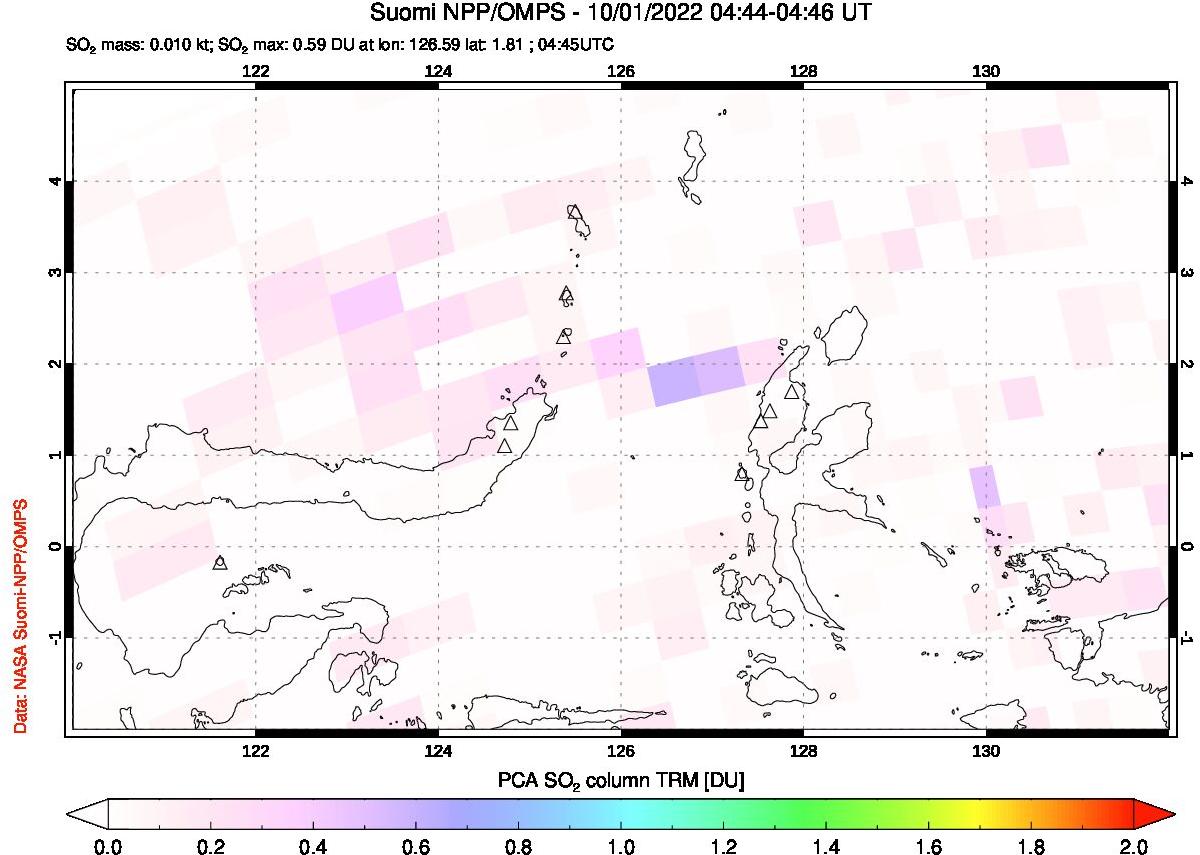 A sulfur dioxide image over Northern Sulawesi & Halmahera, Indonesia on Oct 01, 2022.
