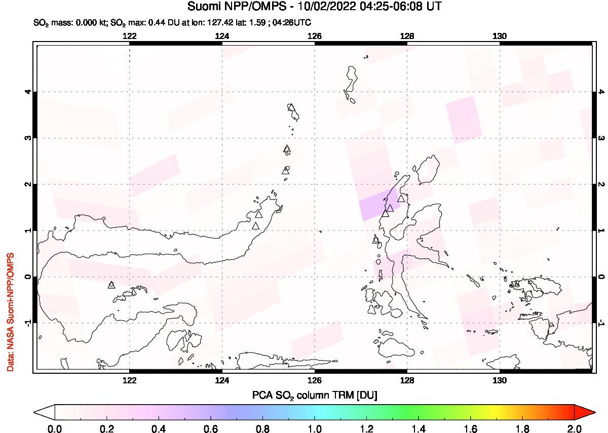 A sulfur dioxide image over Northern Sulawesi & Halmahera, Indonesia on Oct 02, 2022.