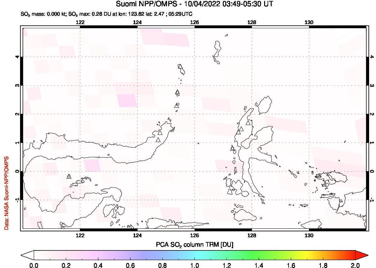A sulfur dioxide image over Northern Sulawesi & Halmahera, Indonesia on Oct 04, 2022.