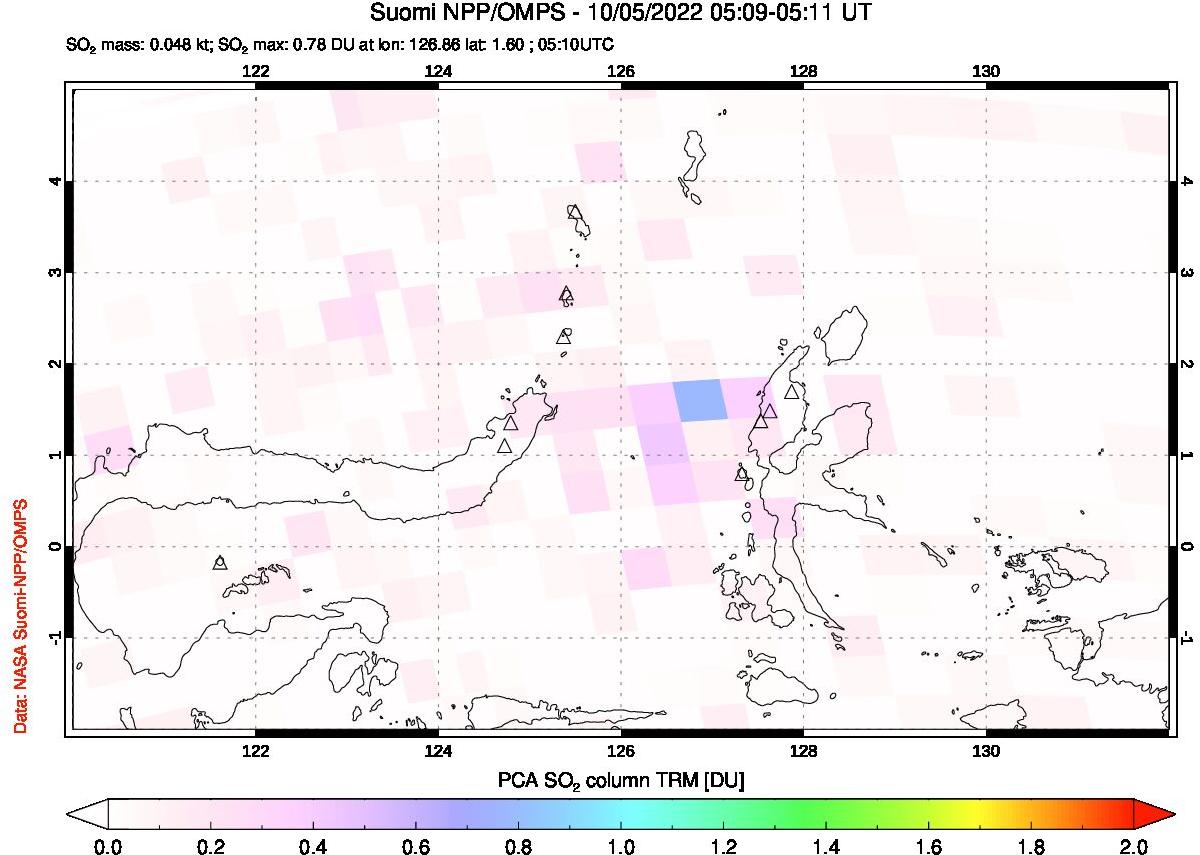 A sulfur dioxide image over Northern Sulawesi & Halmahera, Indonesia on Oct 05, 2022.