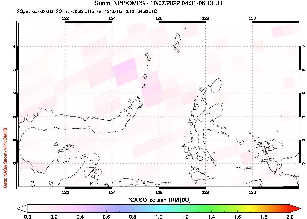 A sulfur dioxide image over Northern Sulawesi & Halmahera, Indonesia on Oct 07, 2022.