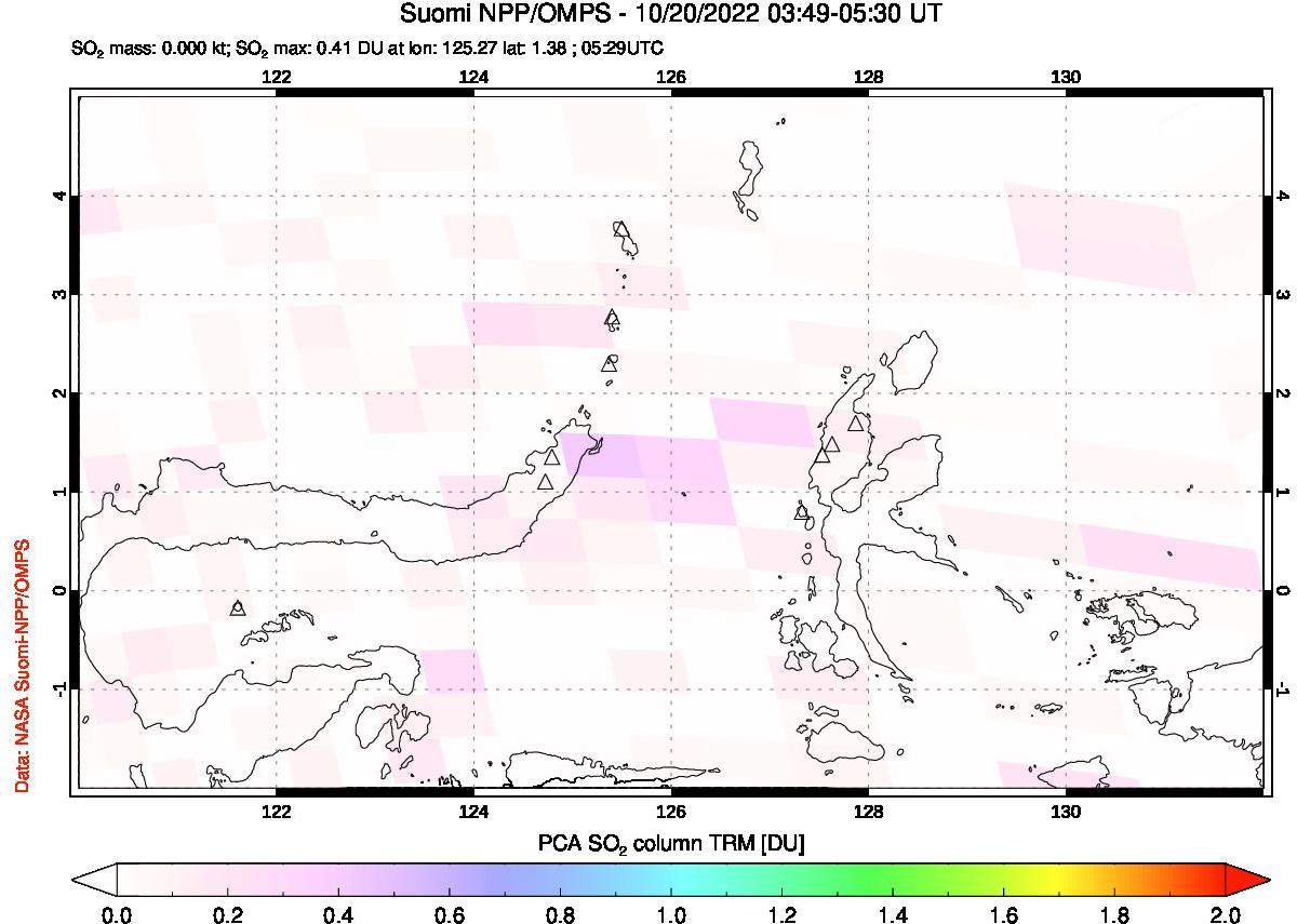 A sulfur dioxide image over Northern Sulawesi & Halmahera, Indonesia on Oct 20, 2022.