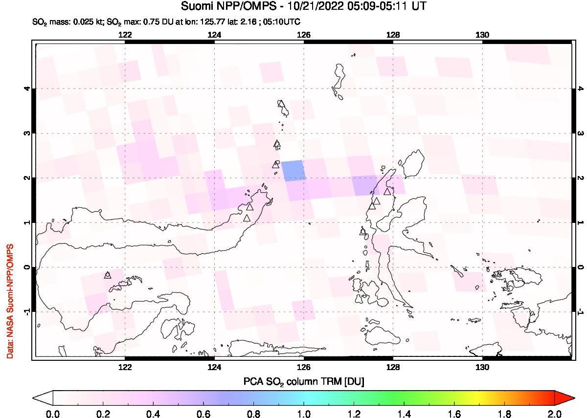 A sulfur dioxide image over Northern Sulawesi & Halmahera, Indonesia on Oct 21, 2022.