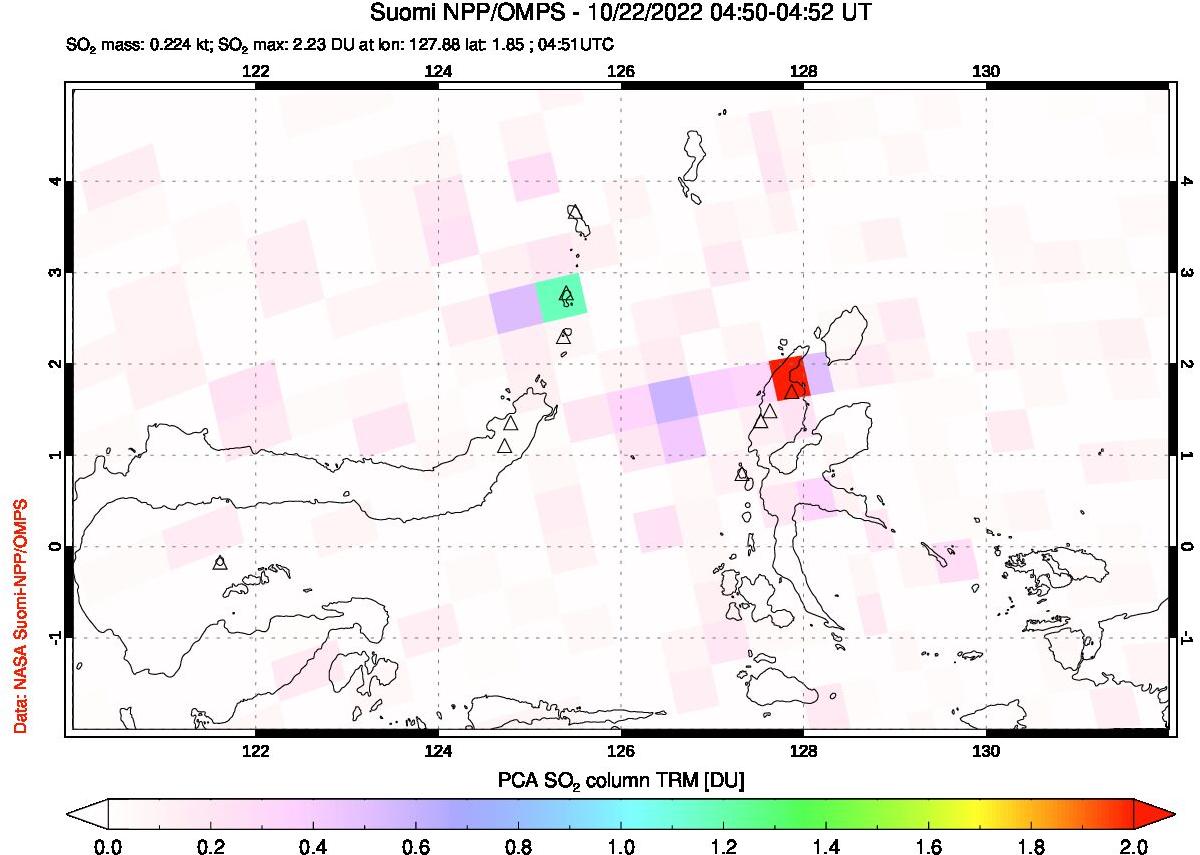 A sulfur dioxide image over Northern Sulawesi & Halmahera, Indonesia on Oct 22, 2022.