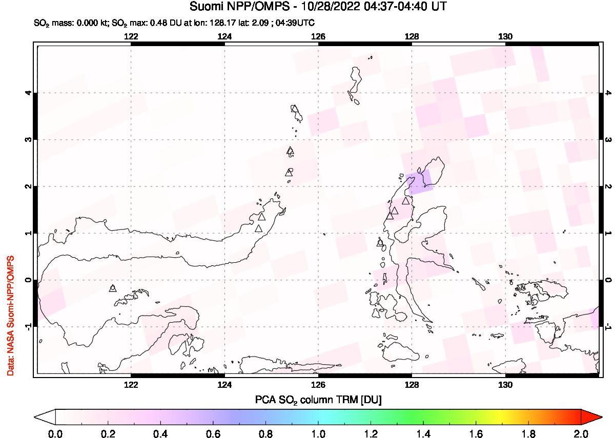 A sulfur dioxide image over Northern Sulawesi & Halmahera, Indonesia on Oct 28, 2022.