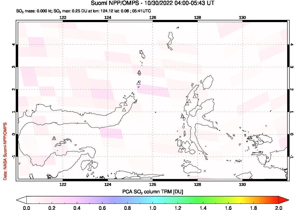 A sulfur dioxide image over Northern Sulawesi & Halmahera, Indonesia on Oct 30, 2022.