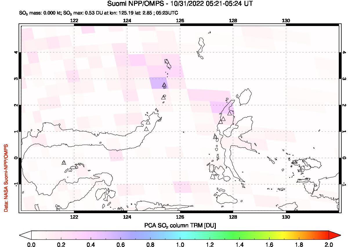 A sulfur dioxide image over Northern Sulawesi & Halmahera, Indonesia on Oct 31, 2022.