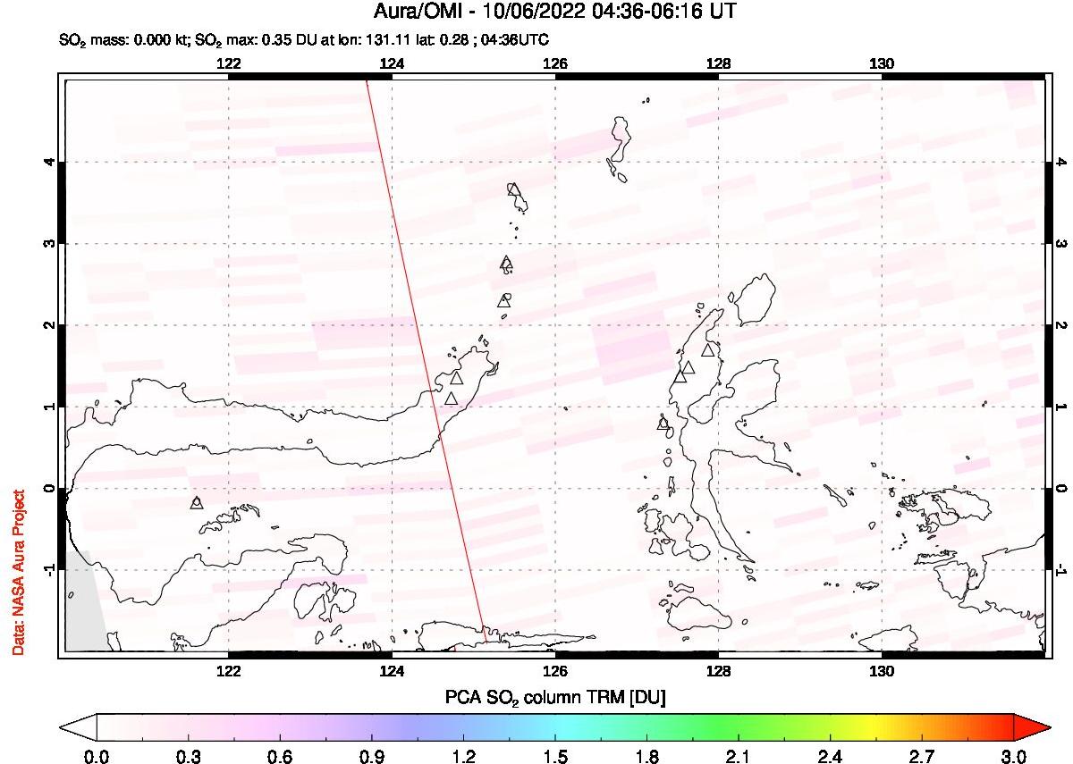 A sulfur dioxide image over Northern Sulawesi & Halmahera, Indonesia on Oct 06, 2022.