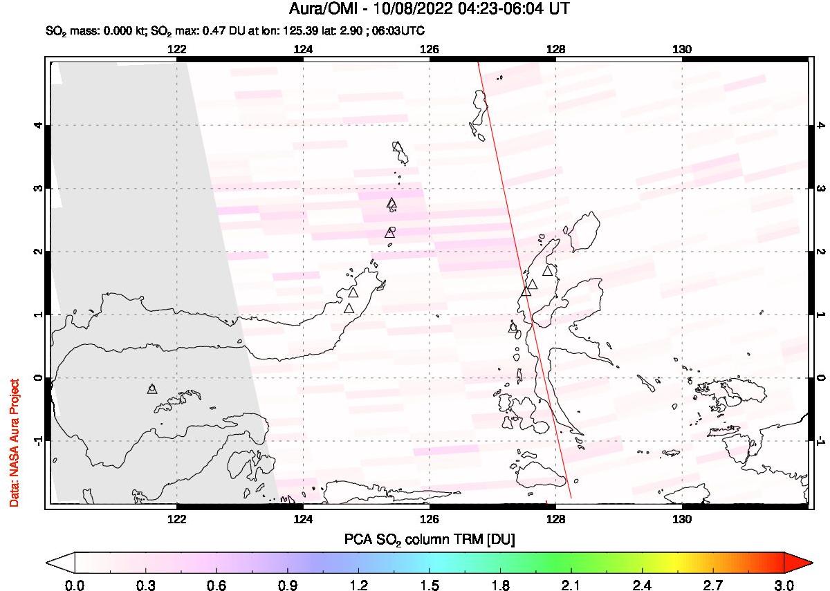 A sulfur dioxide image over Northern Sulawesi & Halmahera, Indonesia on Oct 08, 2022.