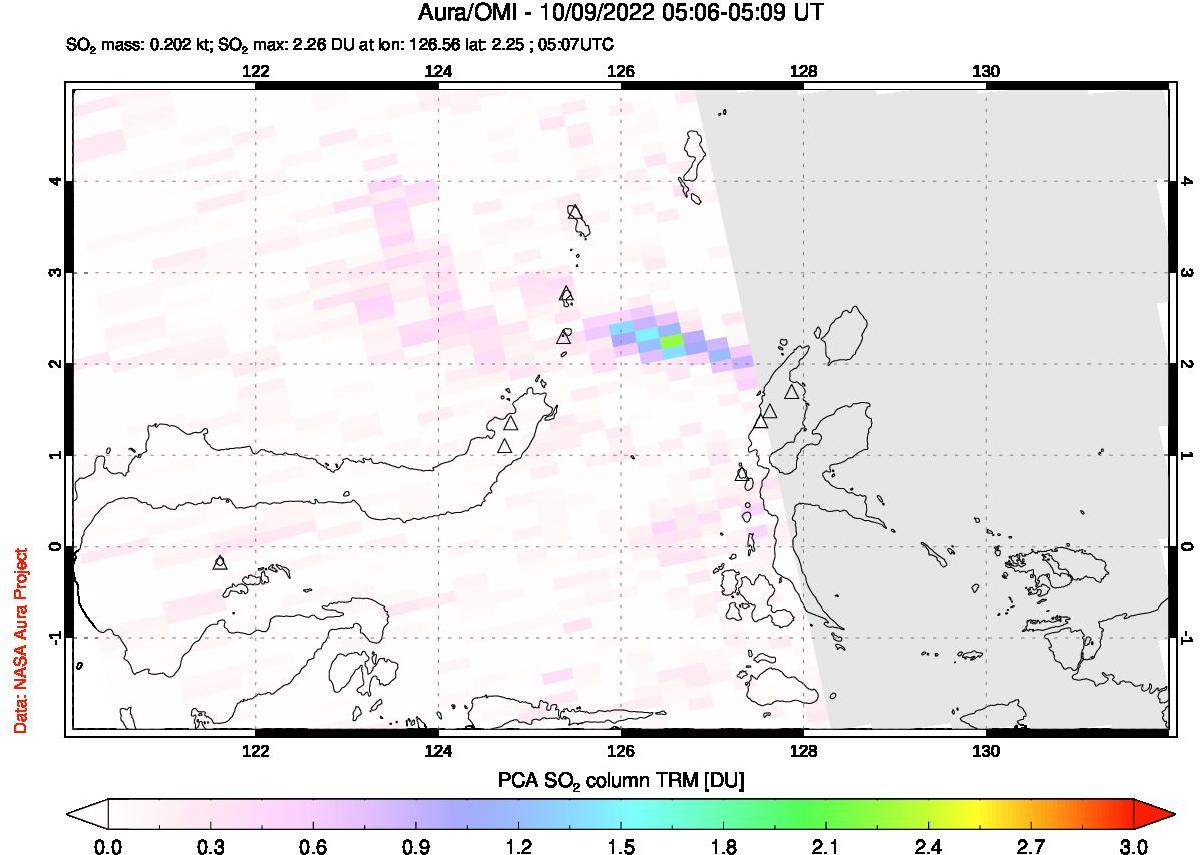 A sulfur dioxide image over Northern Sulawesi & Halmahera, Indonesia on Oct 09, 2022.