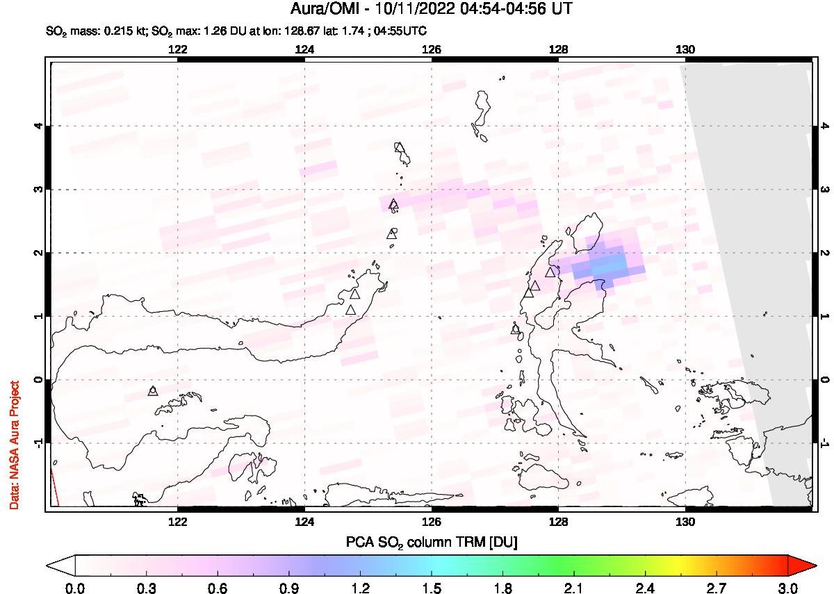 A sulfur dioxide image over Northern Sulawesi & Halmahera, Indonesia on Oct 11, 2022.