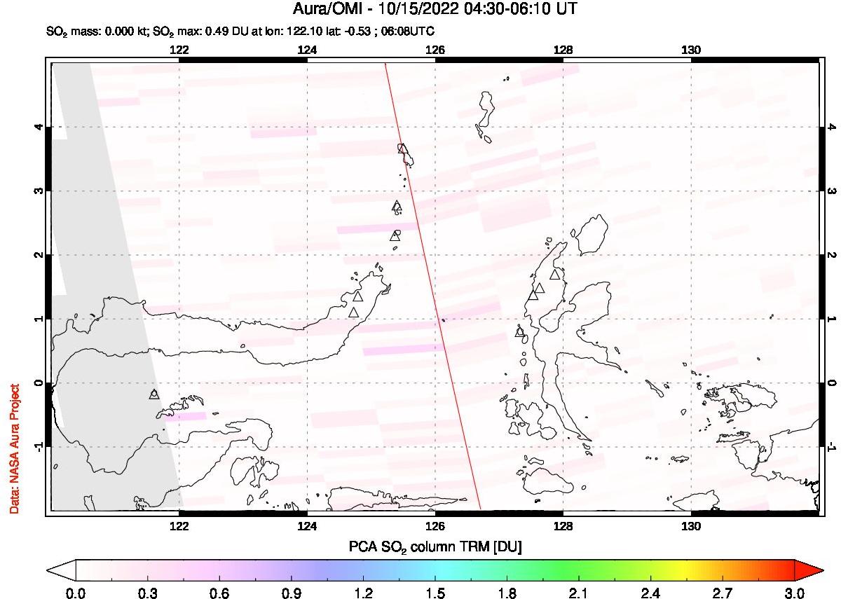 A sulfur dioxide image over Northern Sulawesi & Halmahera, Indonesia on Oct 15, 2022.