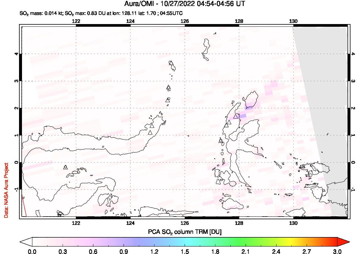 A sulfur dioxide image over Northern Sulawesi & Halmahera, Indonesia on Oct 27, 2022.
