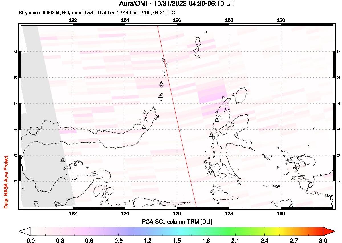 A sulfur dioxide image over Northern Sulawesi & Halmahera, Indonesia on Oct 31, 2022.