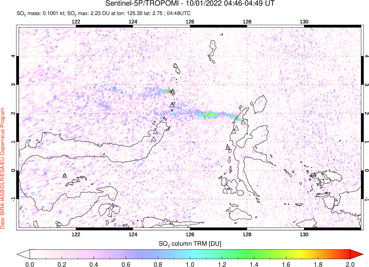 A sulfur dioxide image over Northern Sulawesi & Halmahera, Indonesia on Oct 01, 2022.