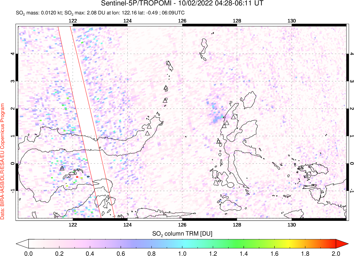 A sulfur dioxide image over Northern Sulawesi & Halmahera, Indonesia on Oct 02, 2022.