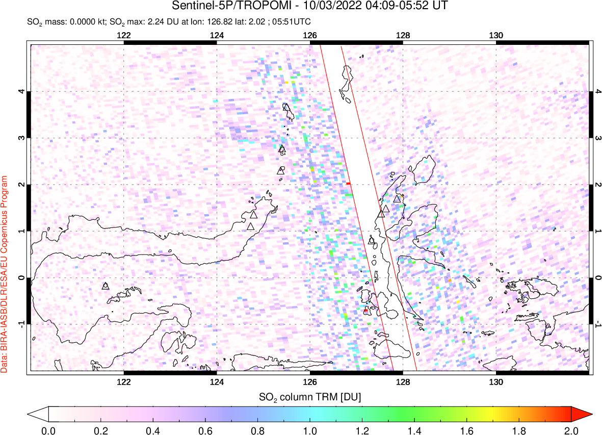 A sulfur dioxide image over Northern Sulawesi & Halmahera, Indonesia on Oct 03, 2022.