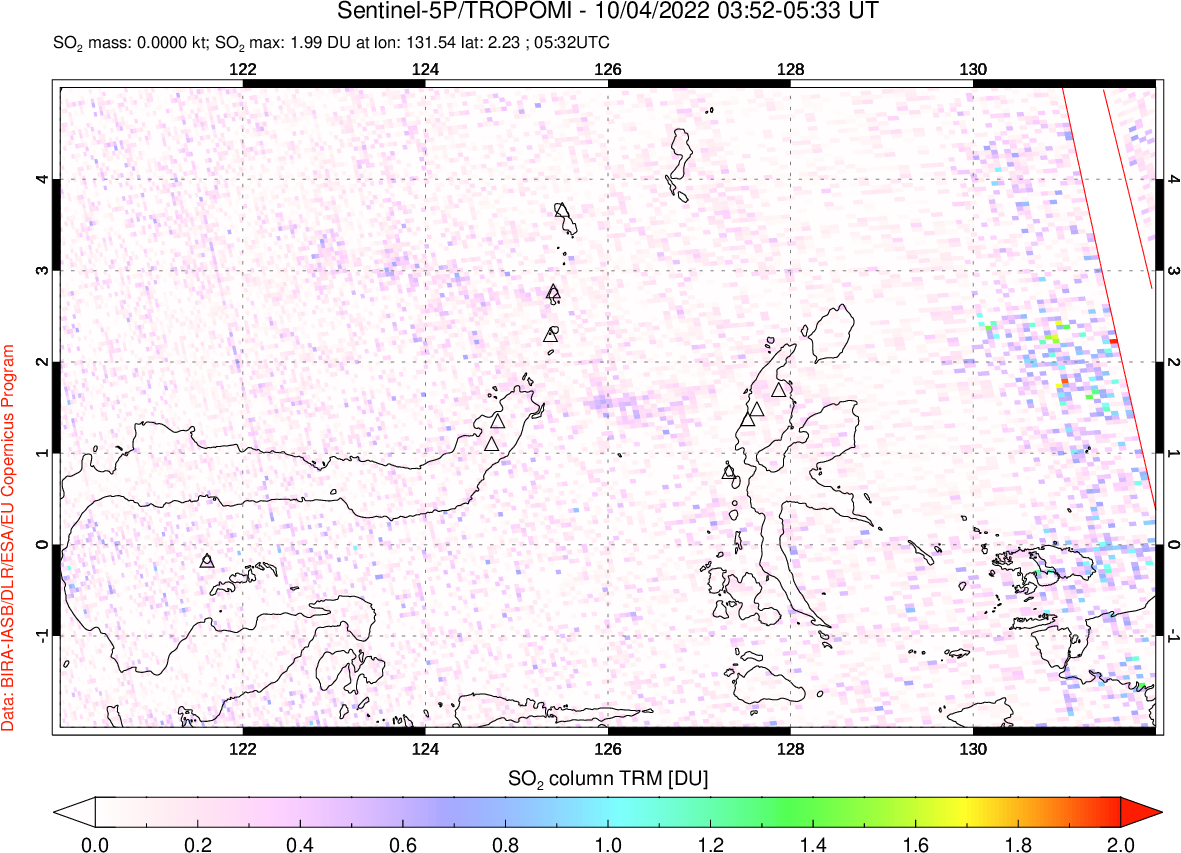 A sulfur dioxide image over Northern Sulawesi & Halmahera, Indonesia on Oct 04, 2022.