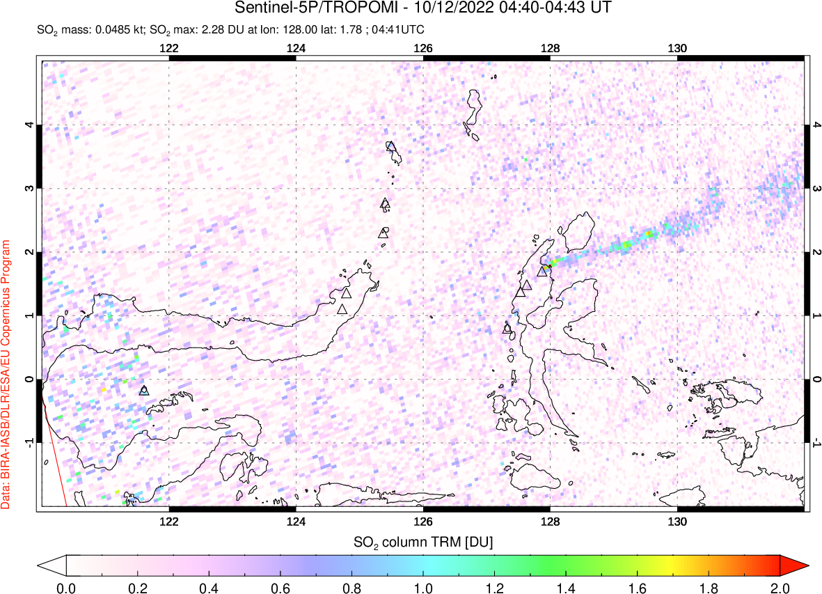 A sulfur dioxide image over Northern Sulawesi & Halmahera, Indonesia on Oct 12, 2022.