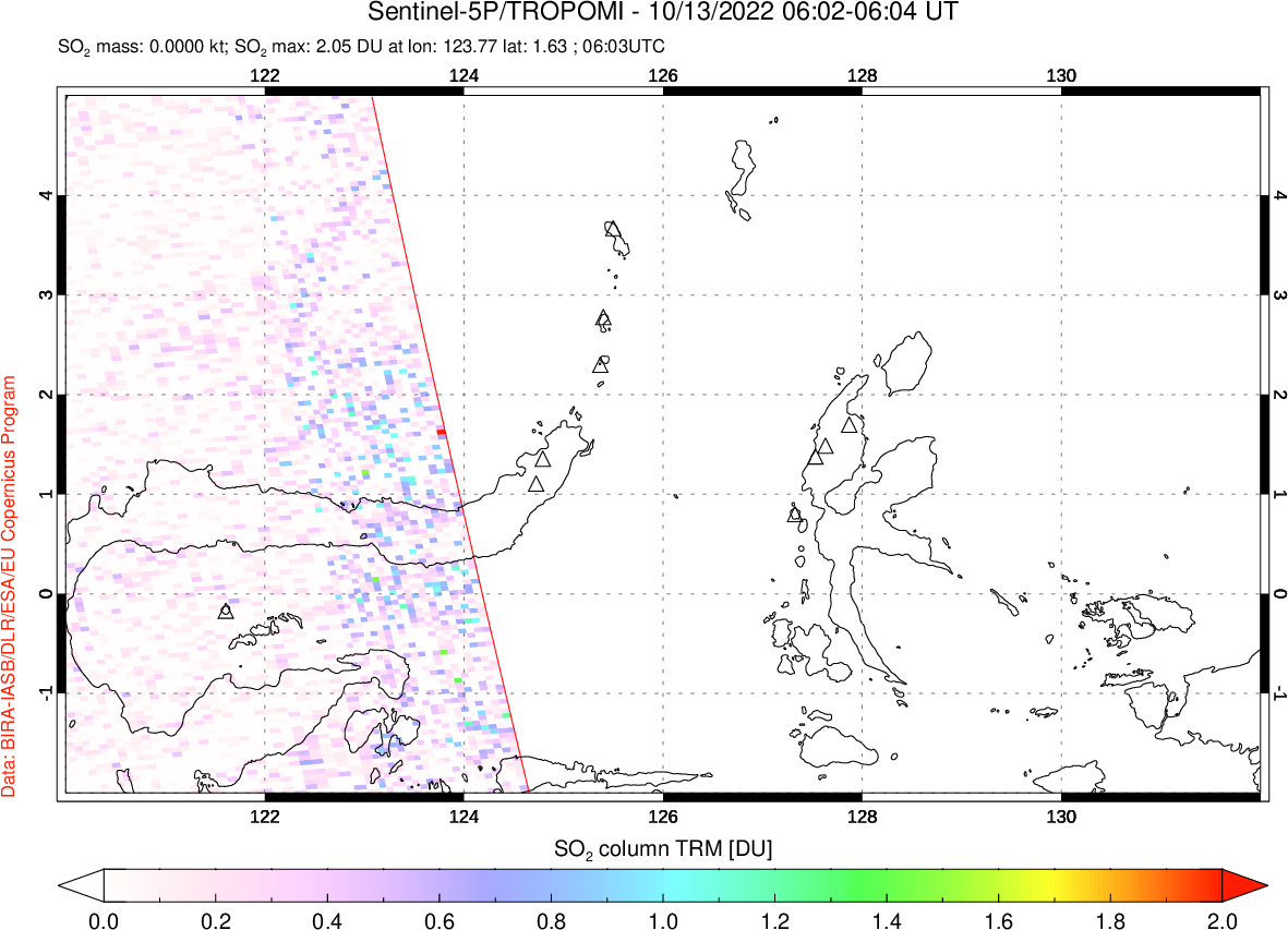 A sulfur dioxide image over Northern Sulawesi & Halmahera, Indonesia on Oct 13, 2022.