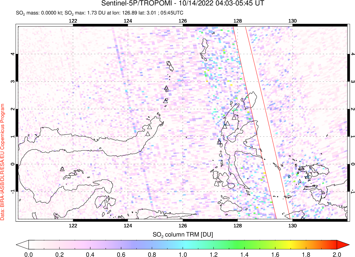 A sulfur dioxide image over Northern Sulawesi & Halmahera, Indonesia on Oct 14, 2022.