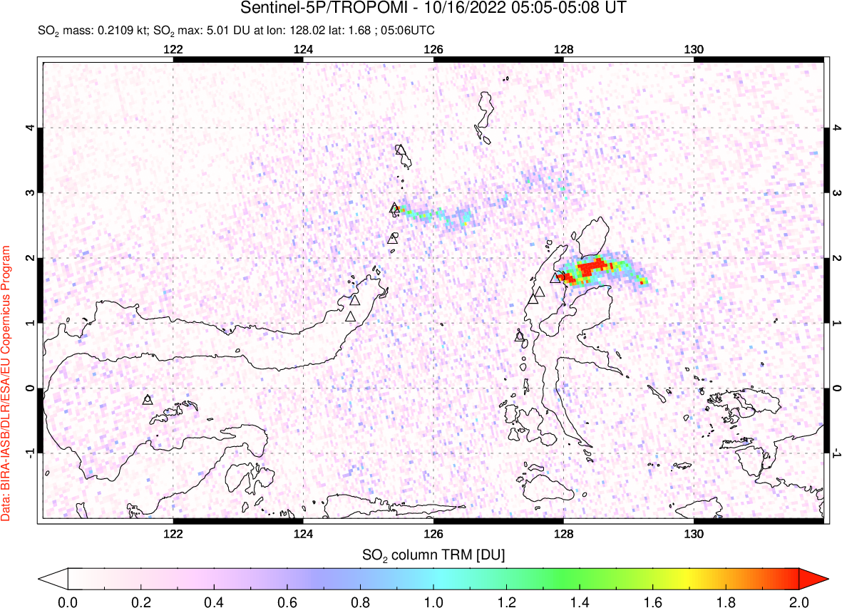 A sulfur dioxide image over Northern Sulawesi & Halmahera, Indonesia on Oct 16, 2022.