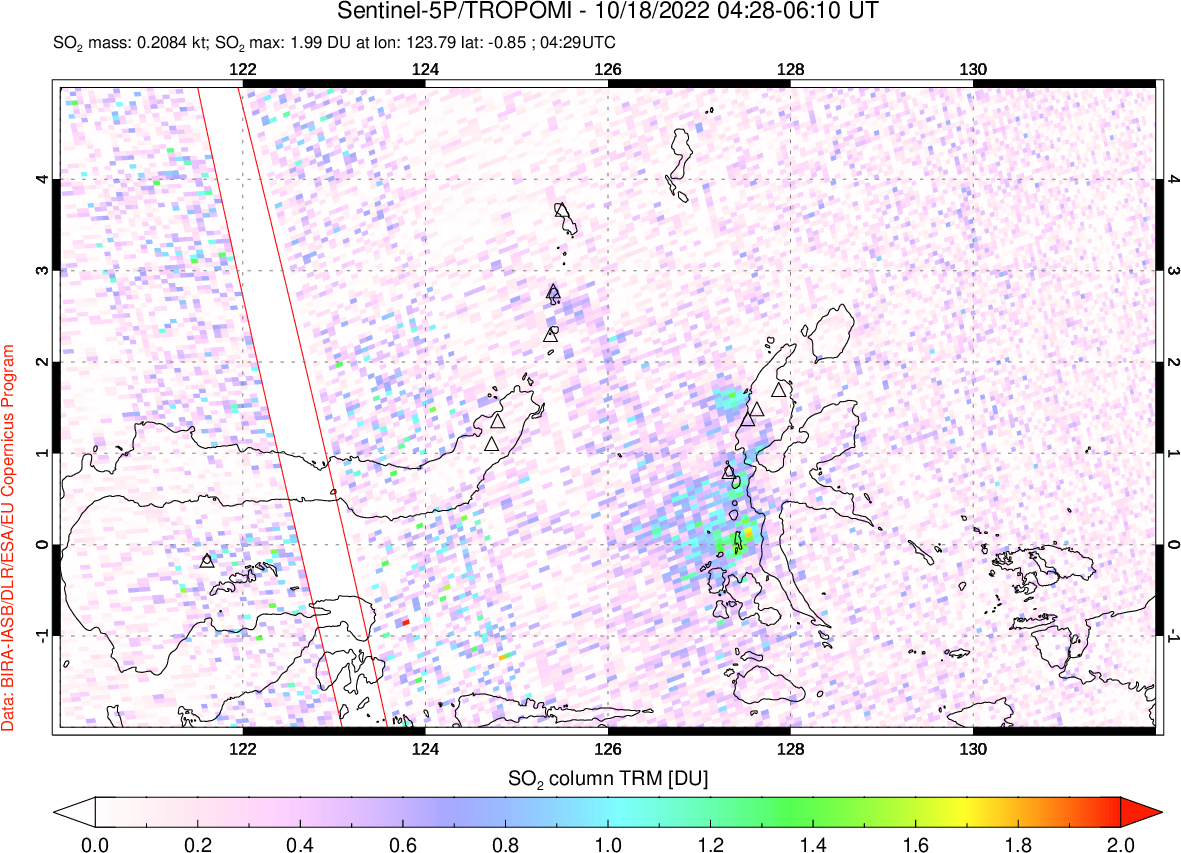 A sulfur dioxide image over Northern Sulawesi & Halmahera, Indonesia on Oct 18, 2022.
