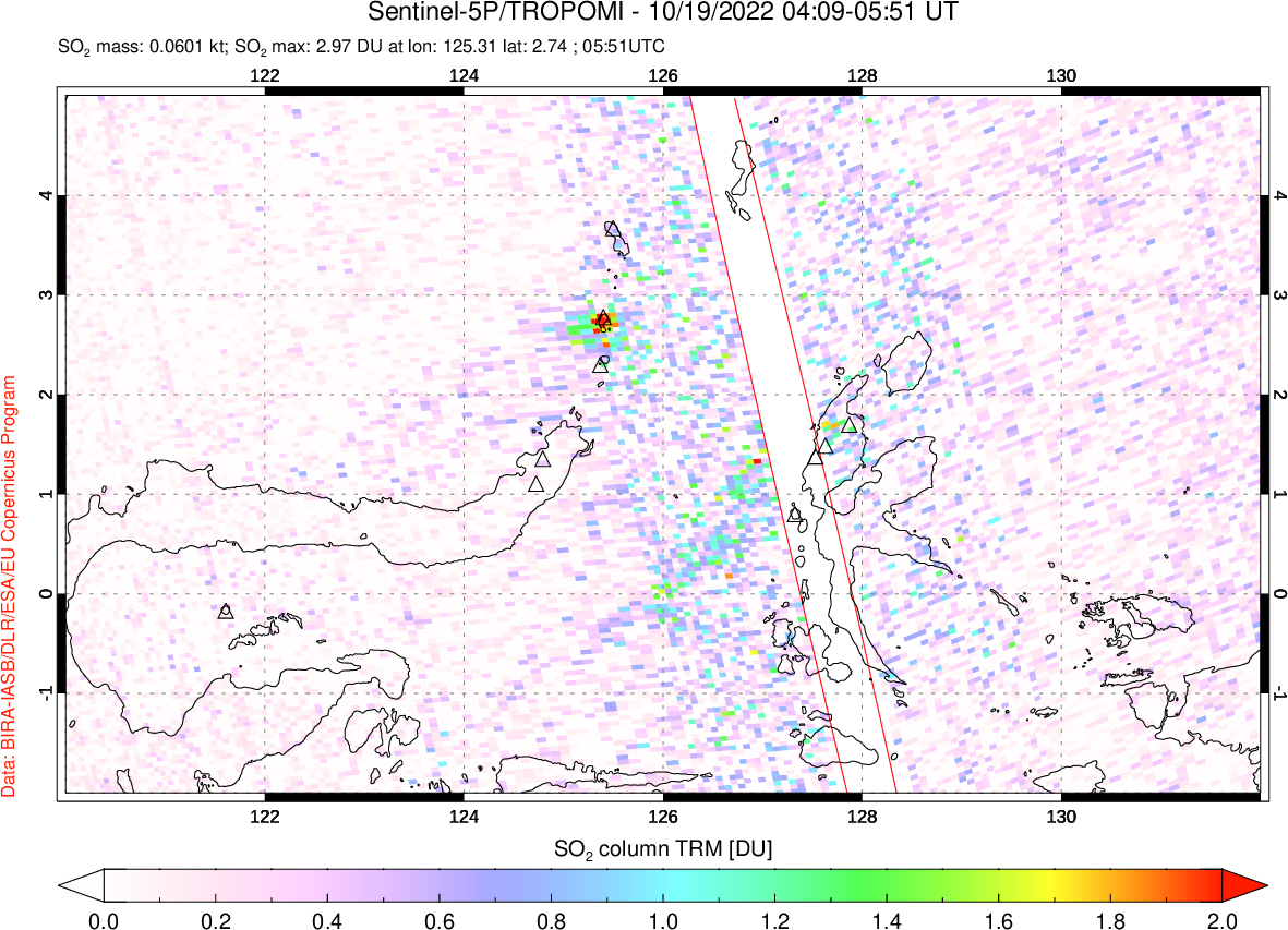A sulfur dioxide image over Northern Sulawesi & Halmahera, Indonesia on Oct 19, 2022.
