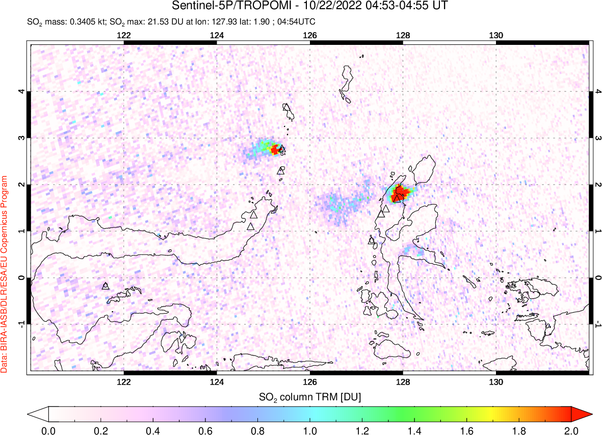 A sulfur dioxide image over Northern Sulawesi & Halmahera, Indonesia on Oct 22, 2022.