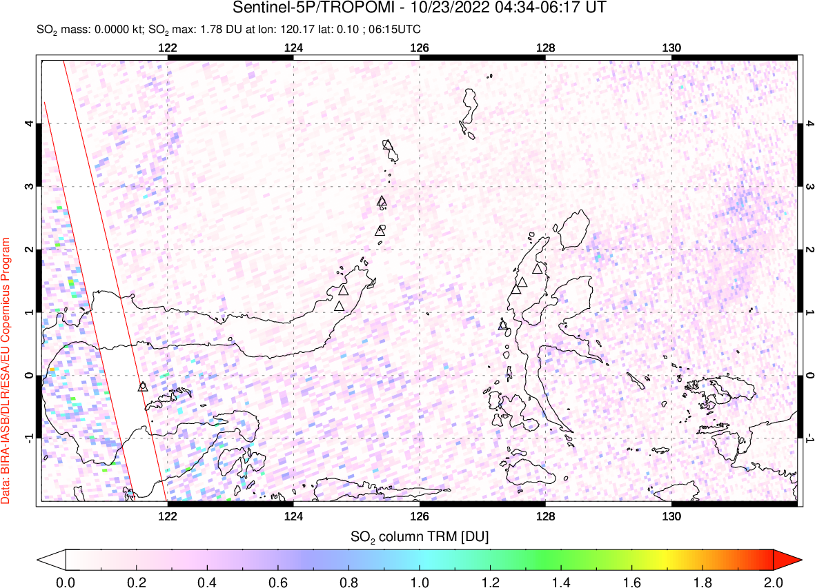A sulfur dioxide image over Northern Sulawesi & Halmahera, Indonesia on Oct 23, 2022.