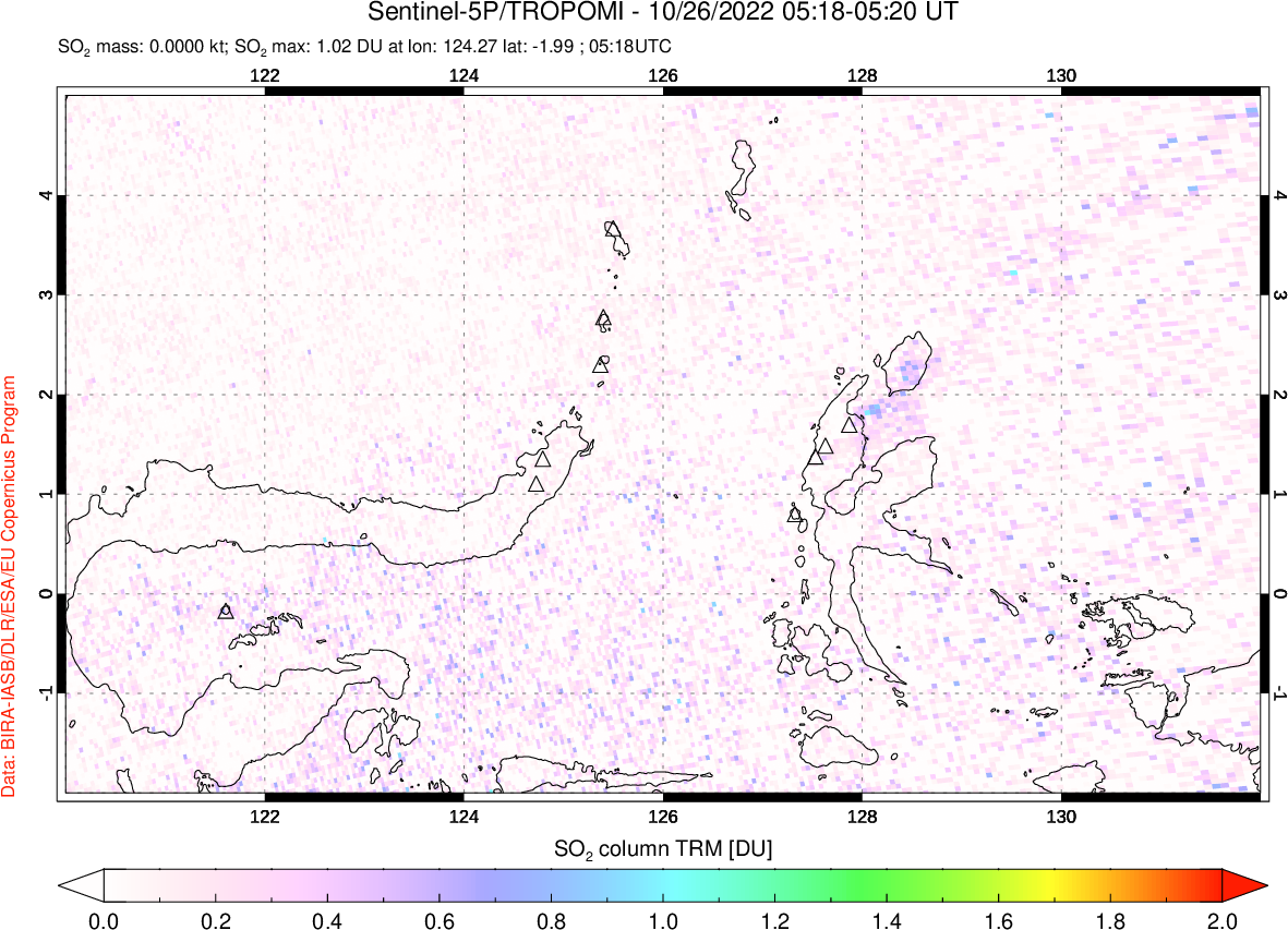 A sulfur dioxide image over Northern Sulawesi & Halmahera, Indonesia on Oct 26, 2022.