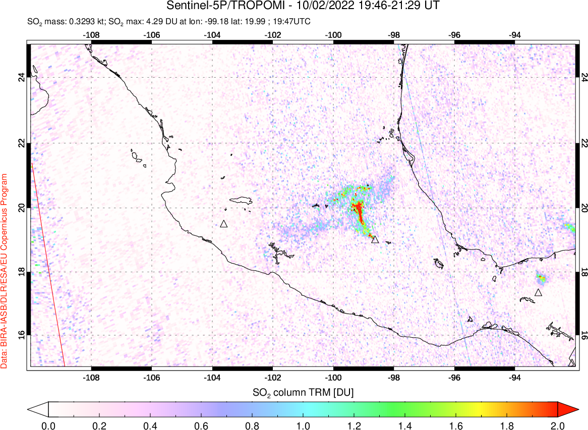 A sulfur dioxide image over Mexico on Oct 02, 2022.
