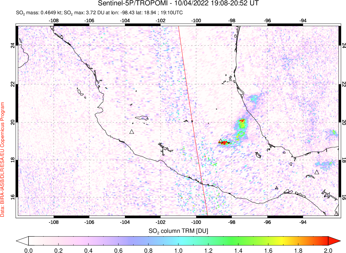 A sulfur dioxide image over Mexico on Oct 04, 2022.