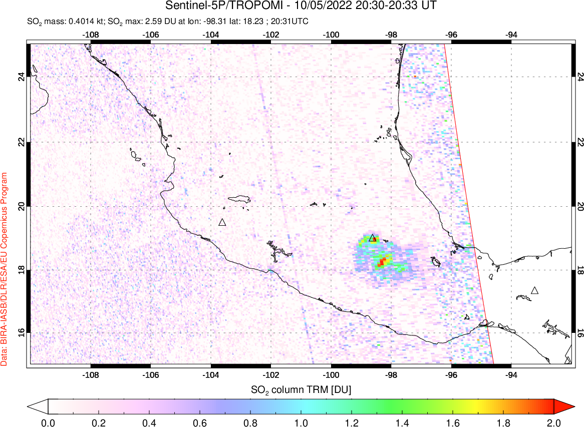 A sulfur dioxide image over Mexico on Oct 05, 2022.
