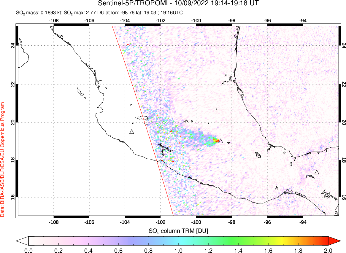 A sulfur dioxide image over Mexico on Oct 09, 2022.