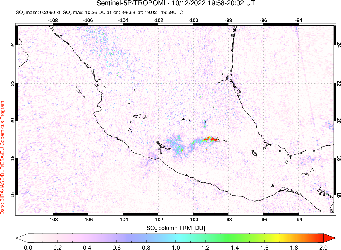 A sulfur dioxide image over Mexico on Oct 12, 2022.