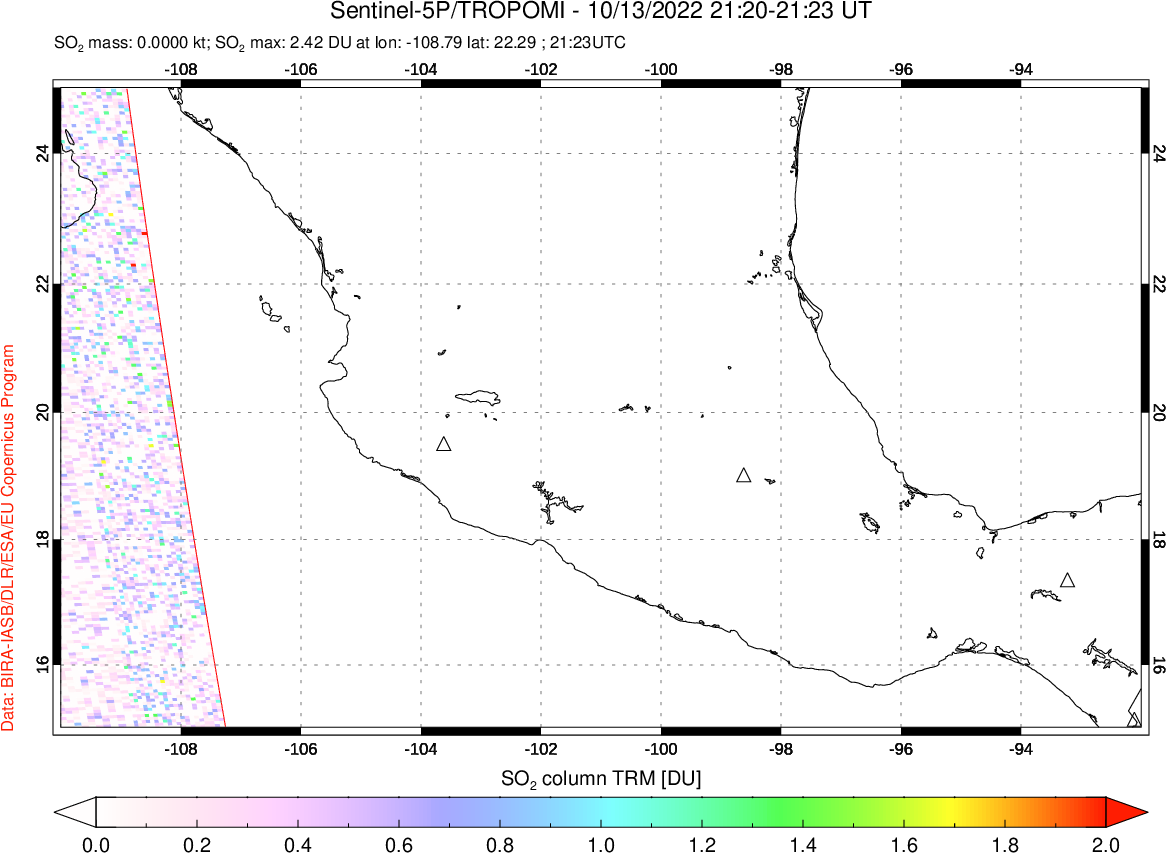 A sulfur dioxide image over Mexico on Oct 13, 2022.